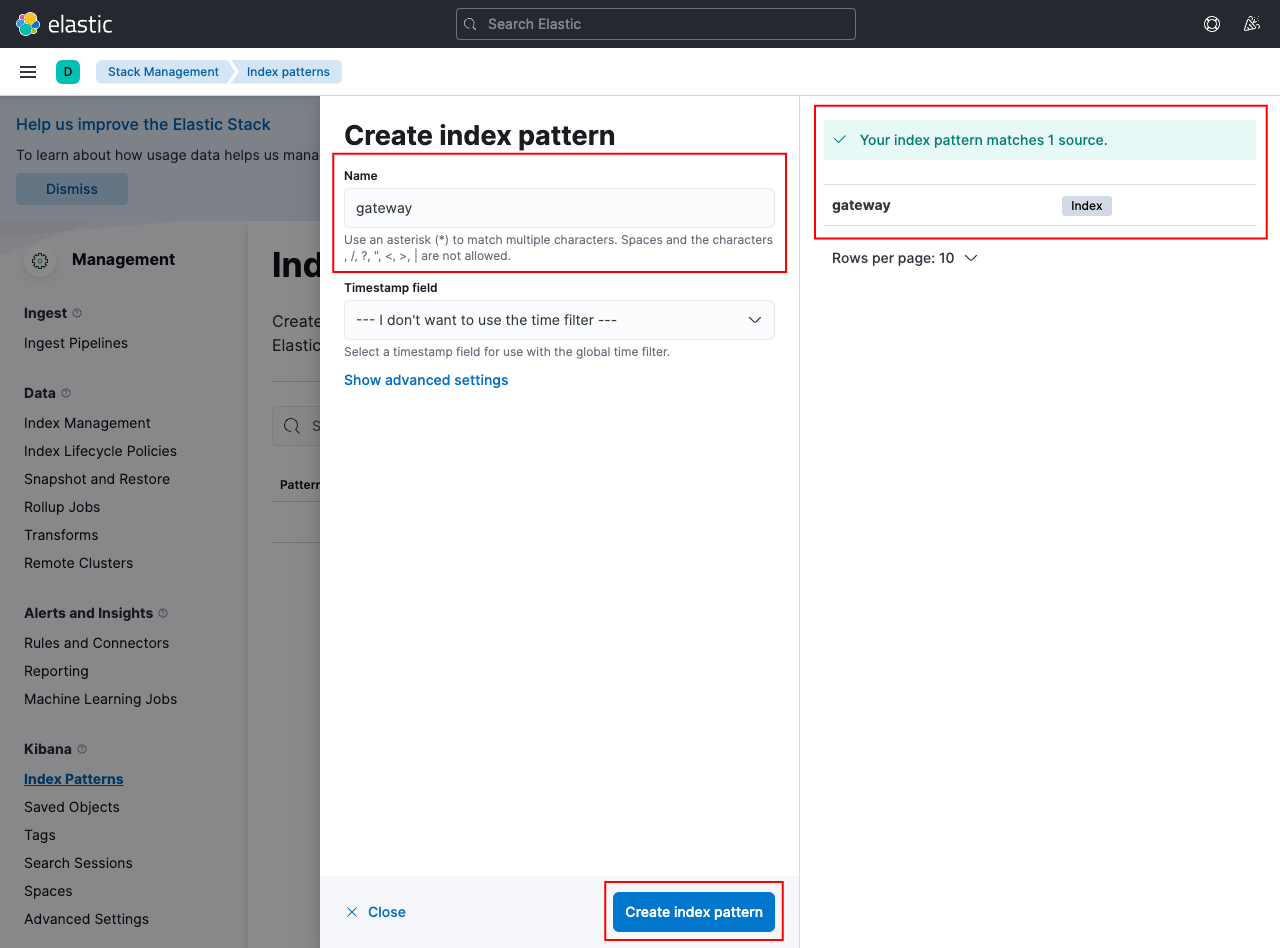 Create index pattern for the gateway index