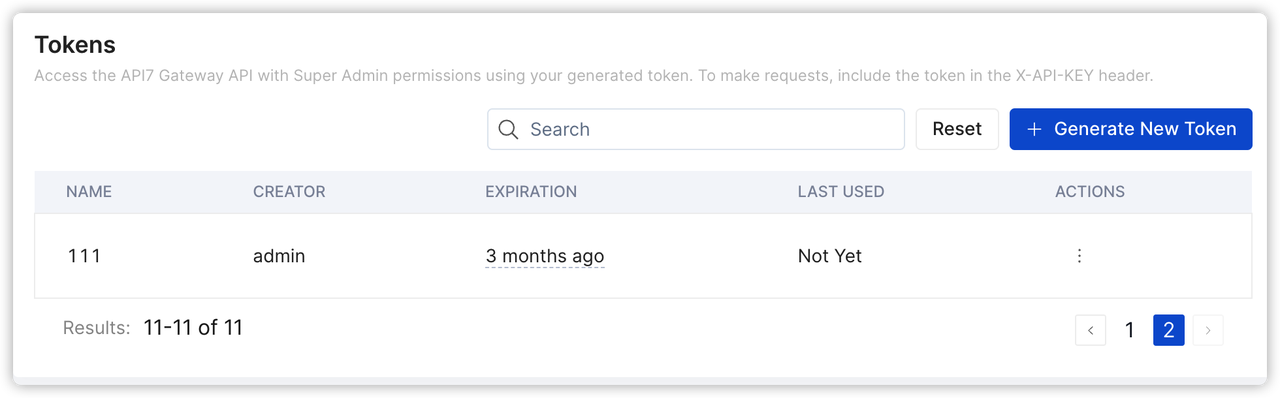 tokens management page in API7 Enterprise