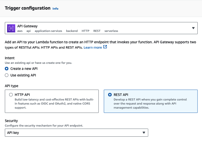 select REST to be the API type and secure the API with API key