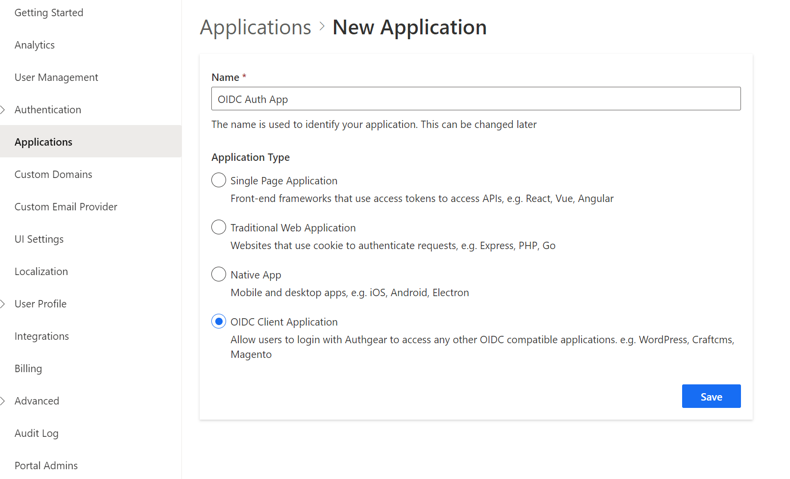 Create an application in Authgear