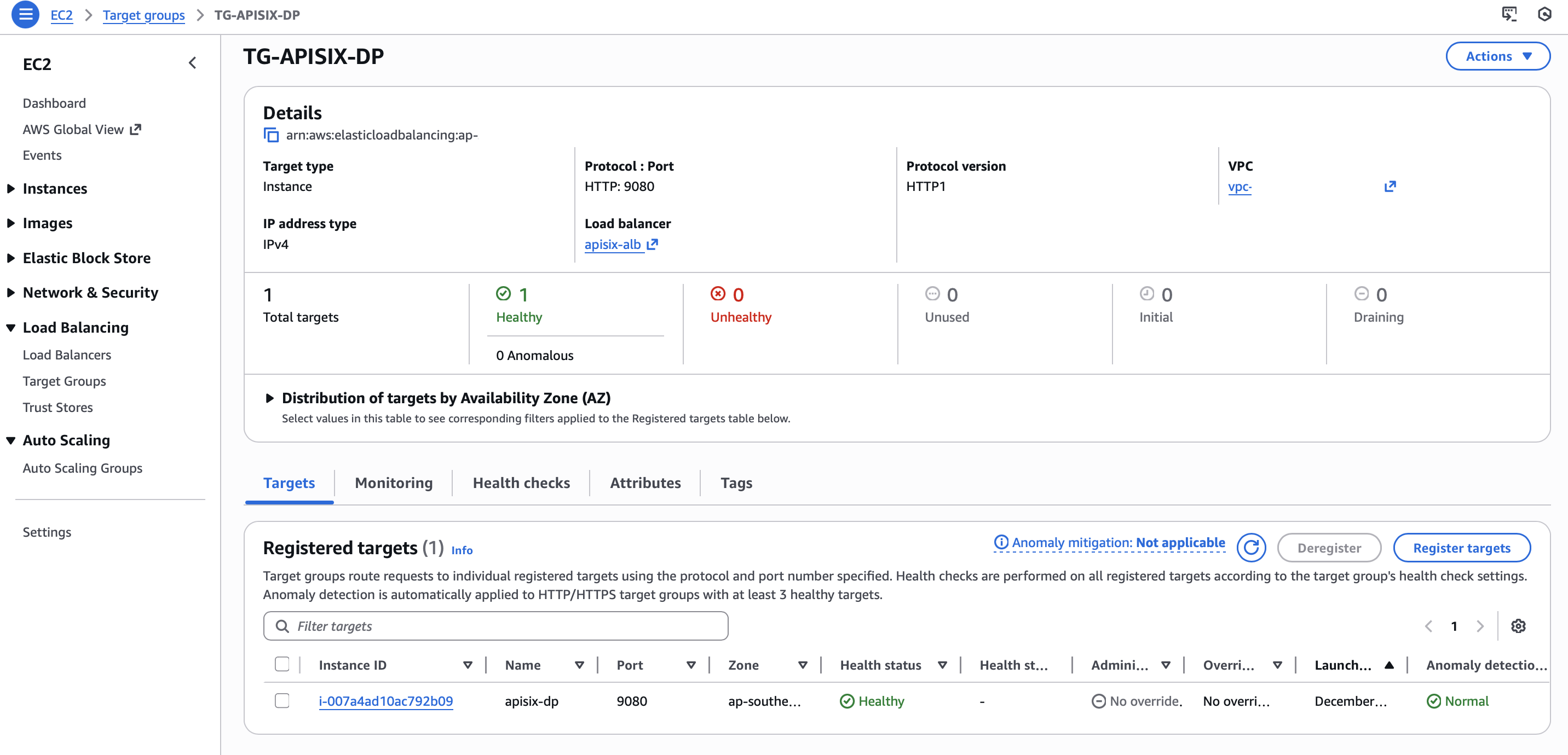 Target group health check shows one healthy target