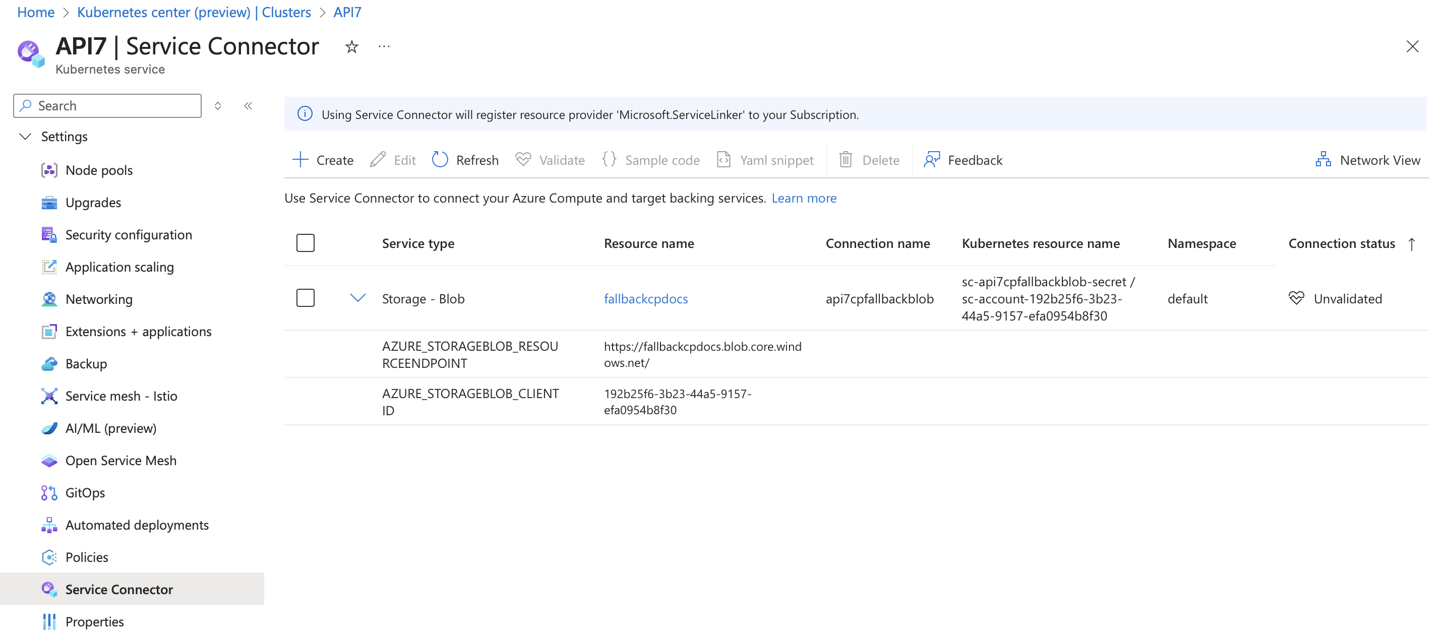 Service connection information