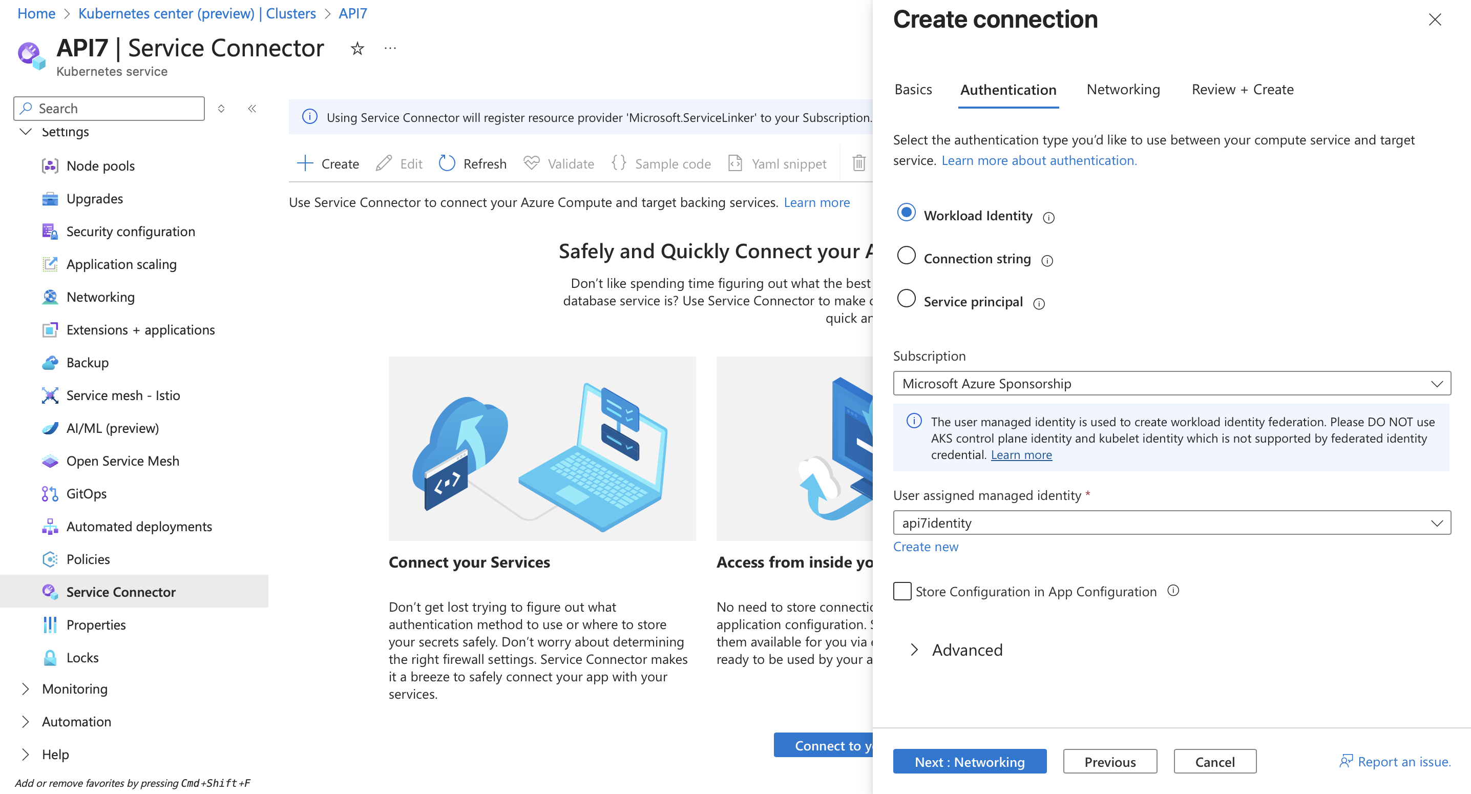 Service Connection Authentication tab configuration