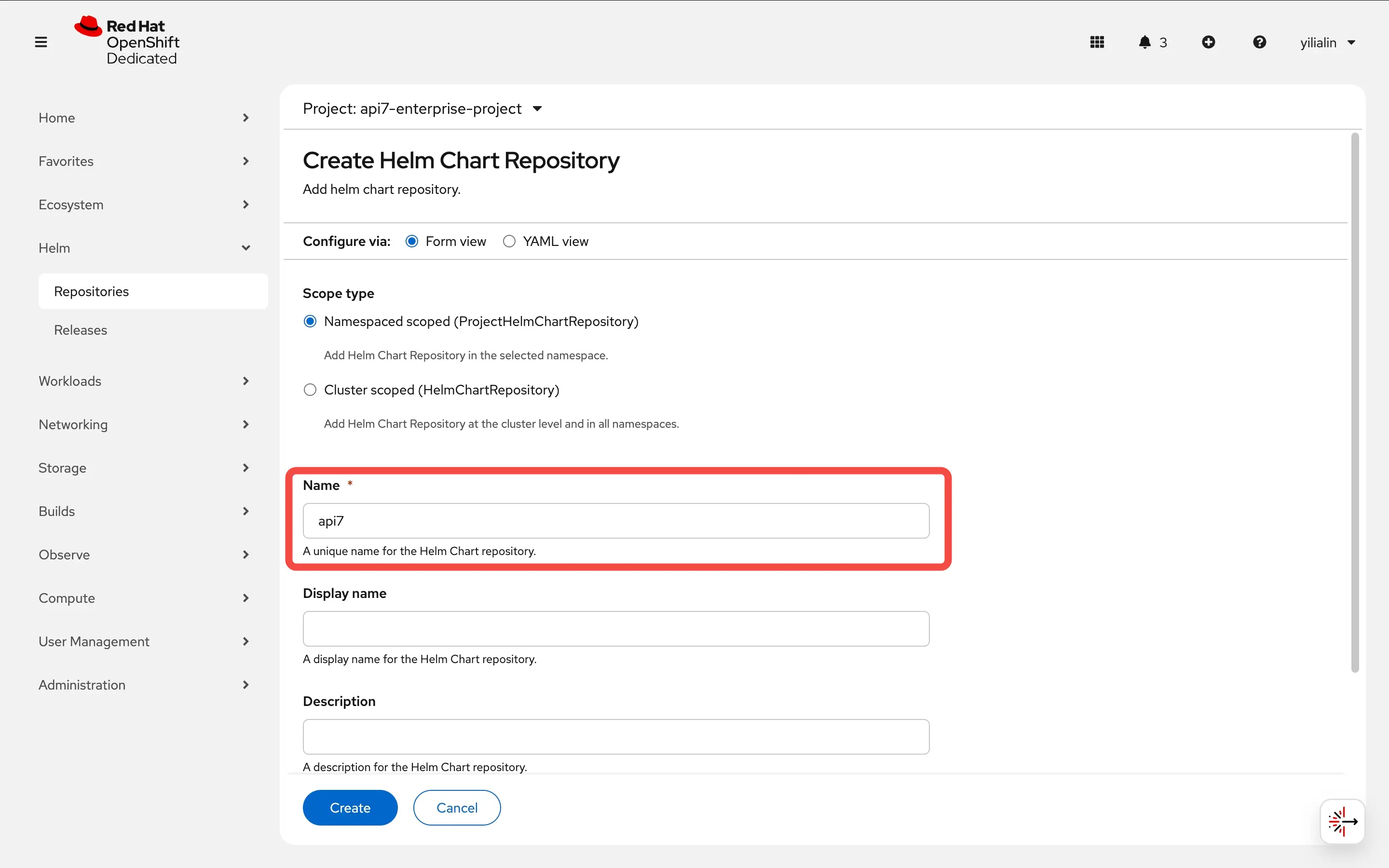 Fill in the details of the Helm chart repository