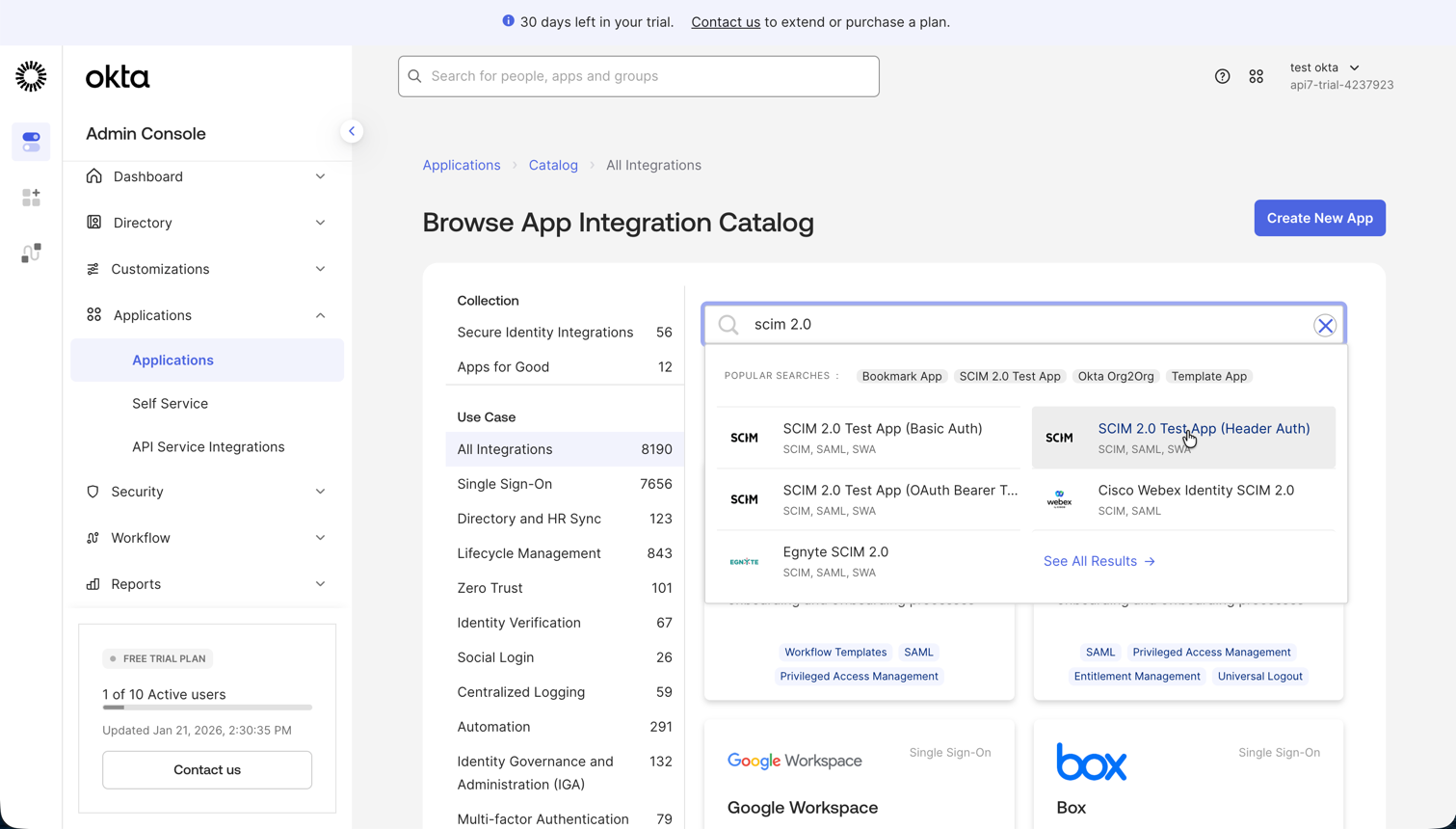 Search for SCIM integration in Okta