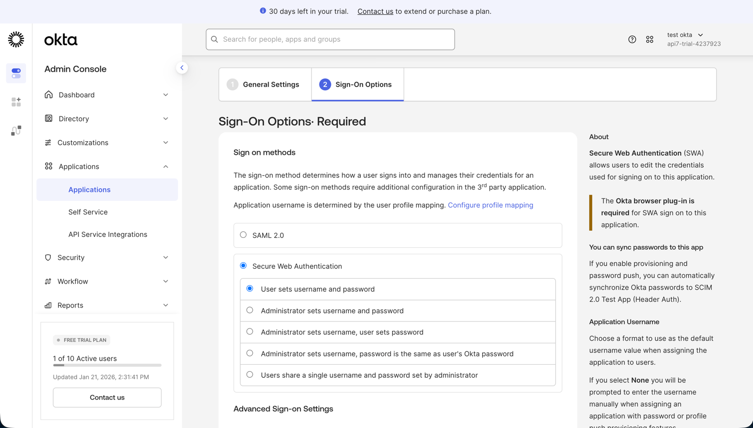 Select sign-on options