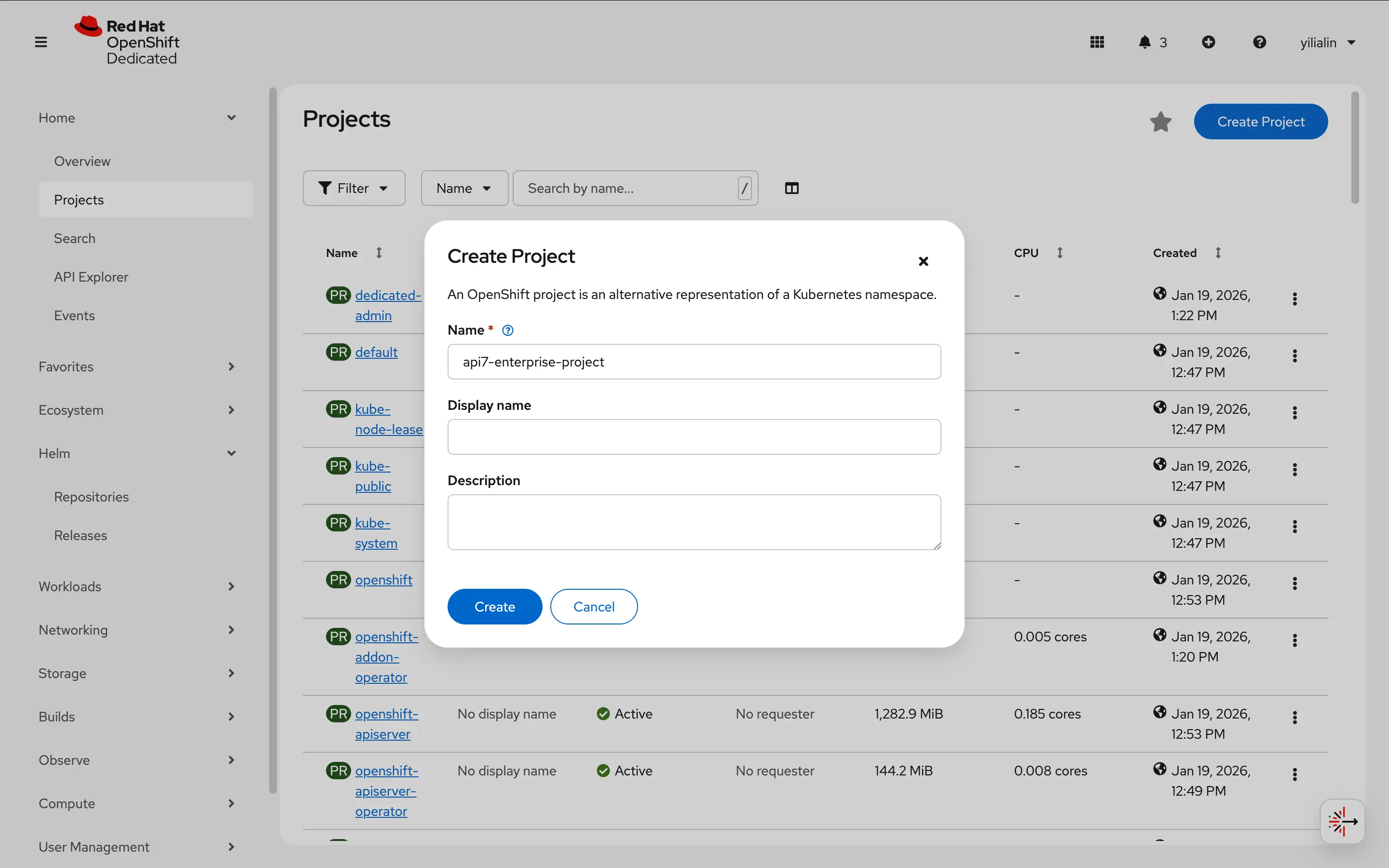 Create a project in the OpenShift console