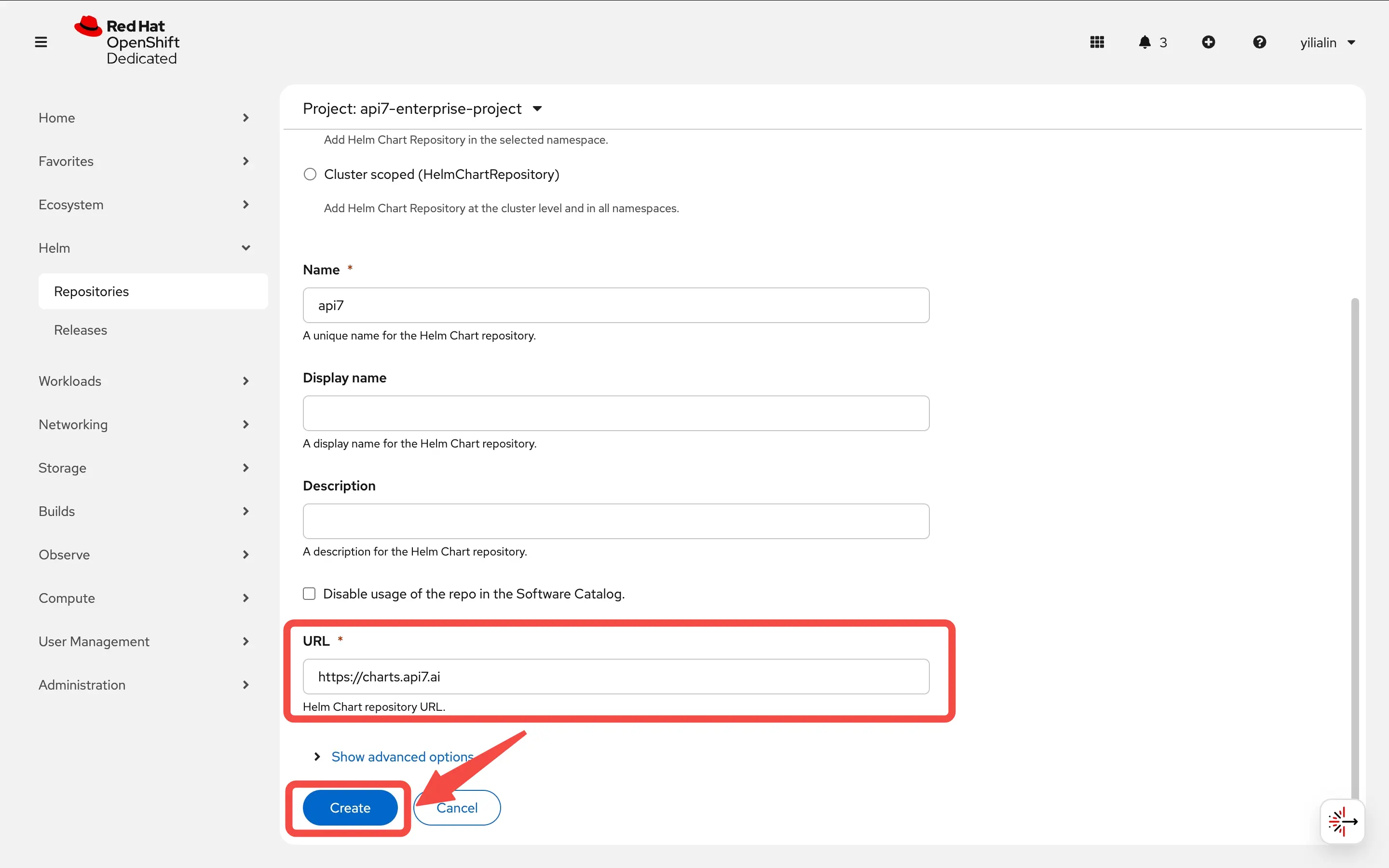 Fill in the details of the Helm chart repository