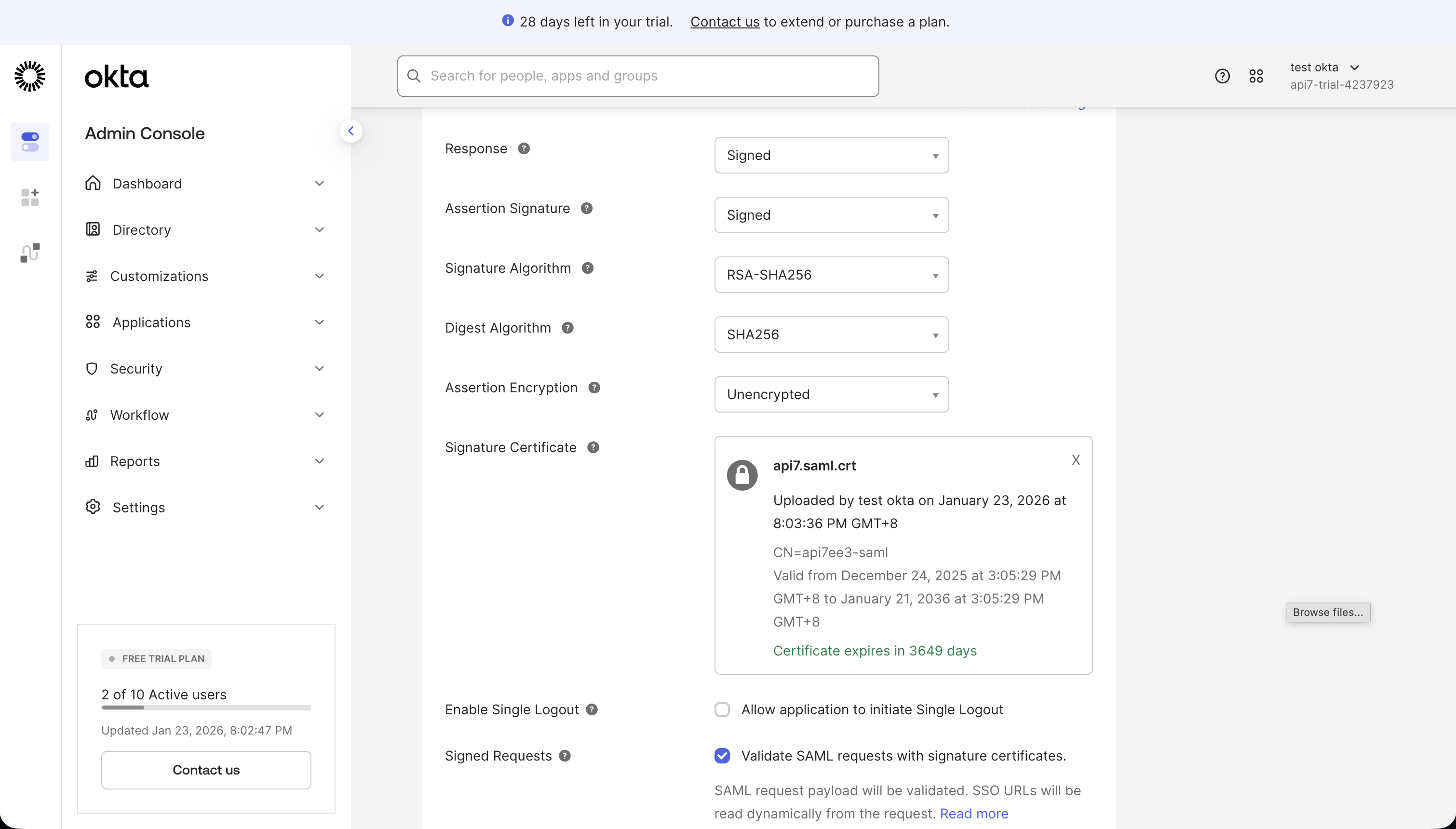 Upload certificate to Okta