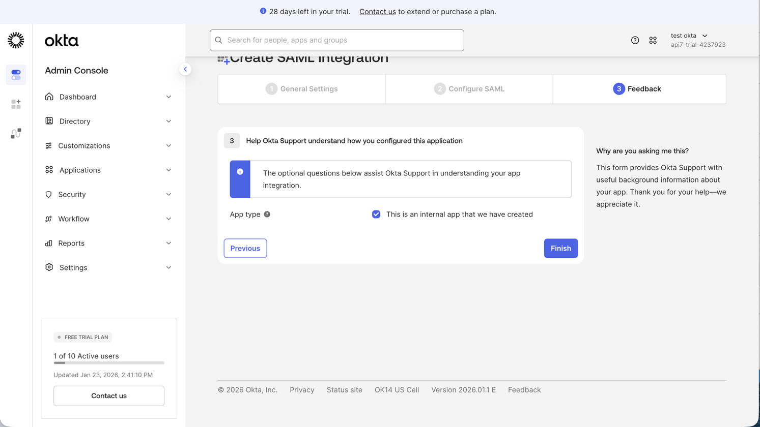 Finish the SAML integration wizard