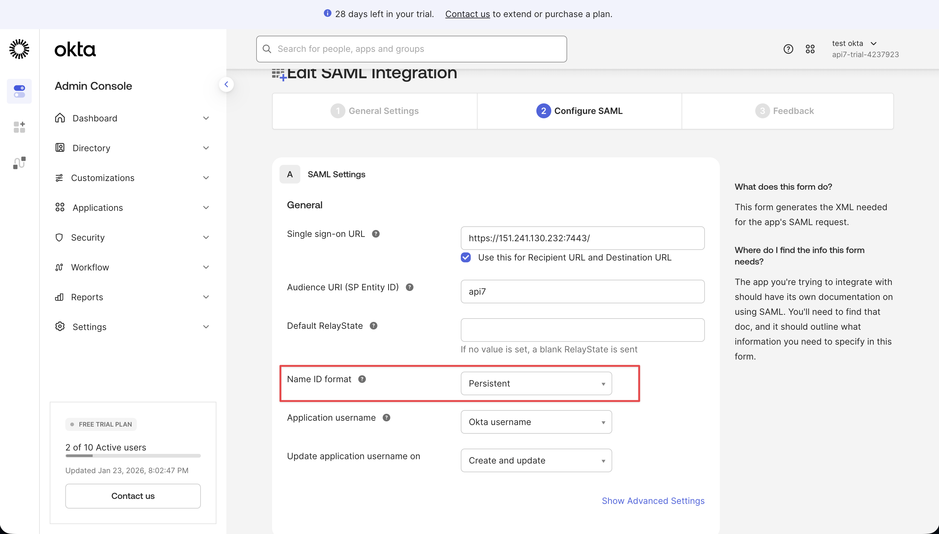 Change Name ID format