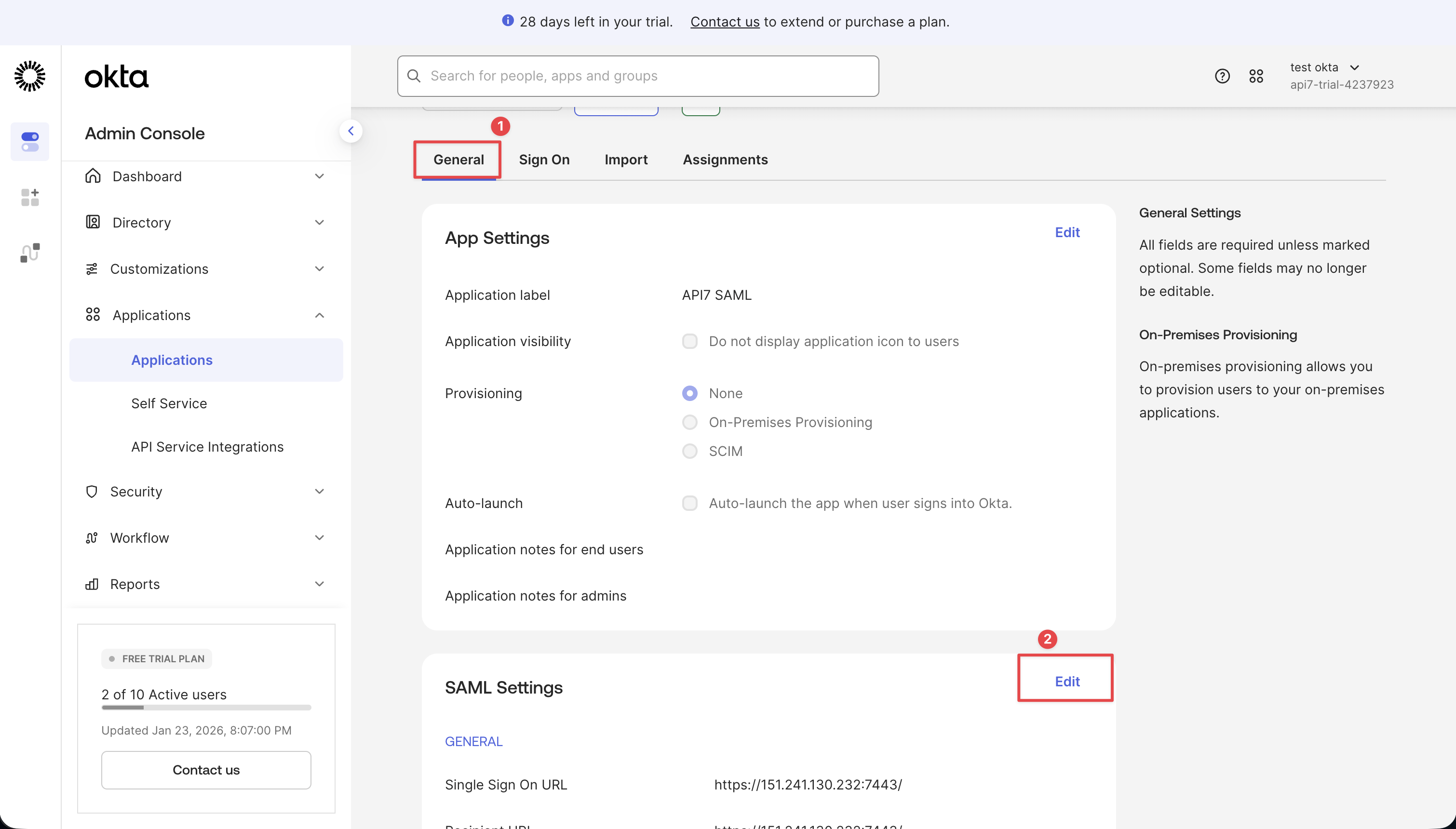 Edit SAML settings in Okta