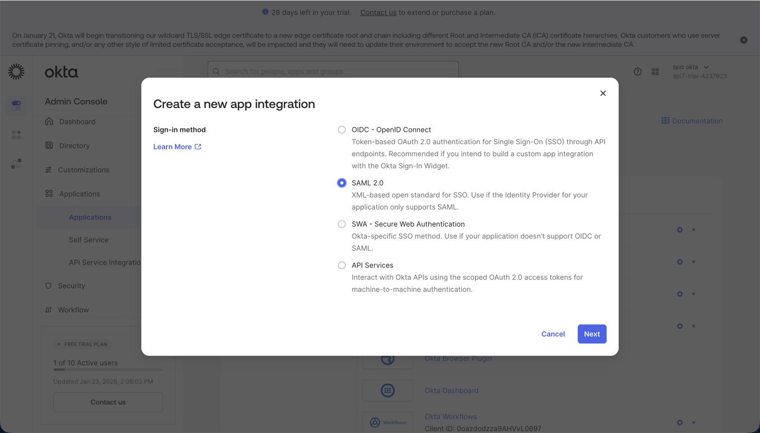 Create a SAML app integration in Okta