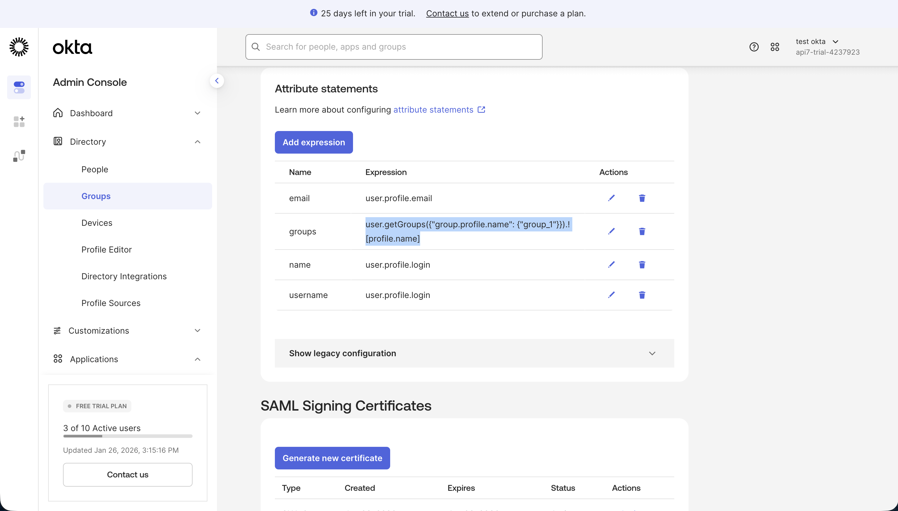 Add the groups attribute statement