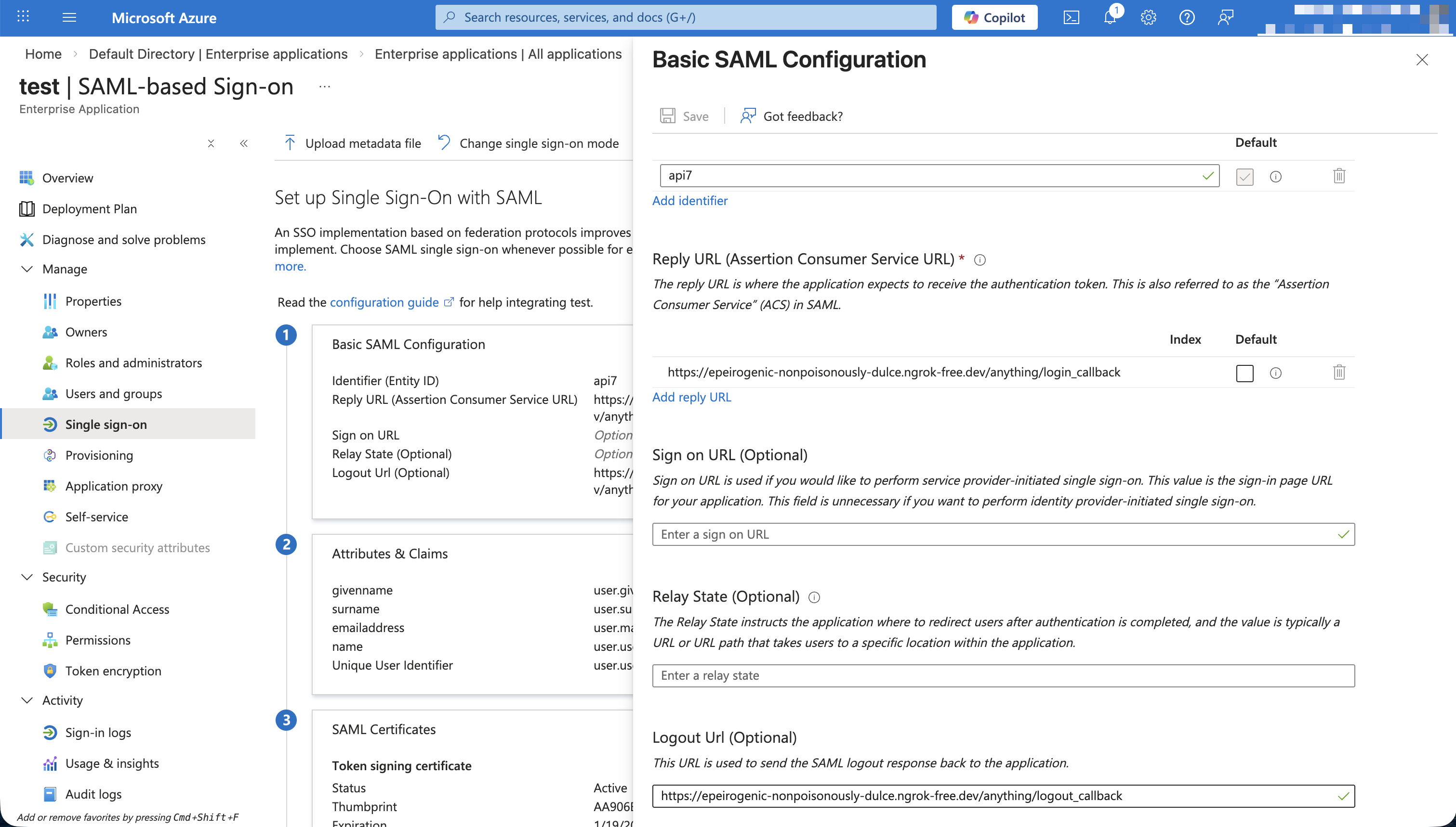 Set Azure AD app information for SAML