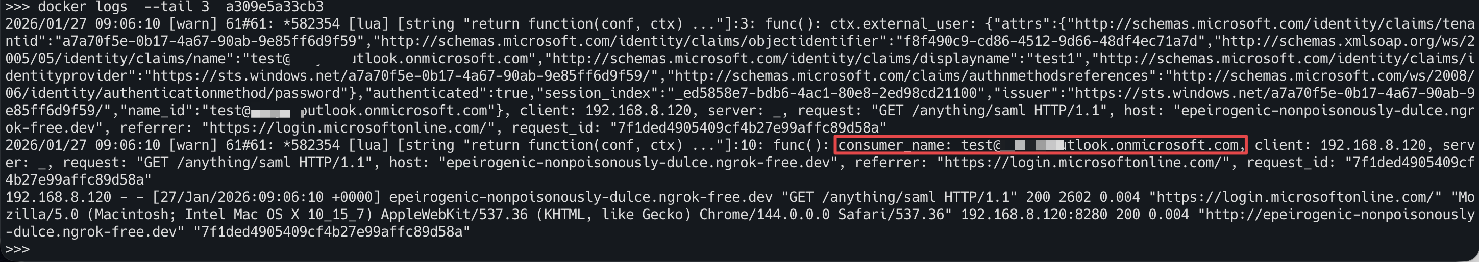Check access log for consumer_name in SAML