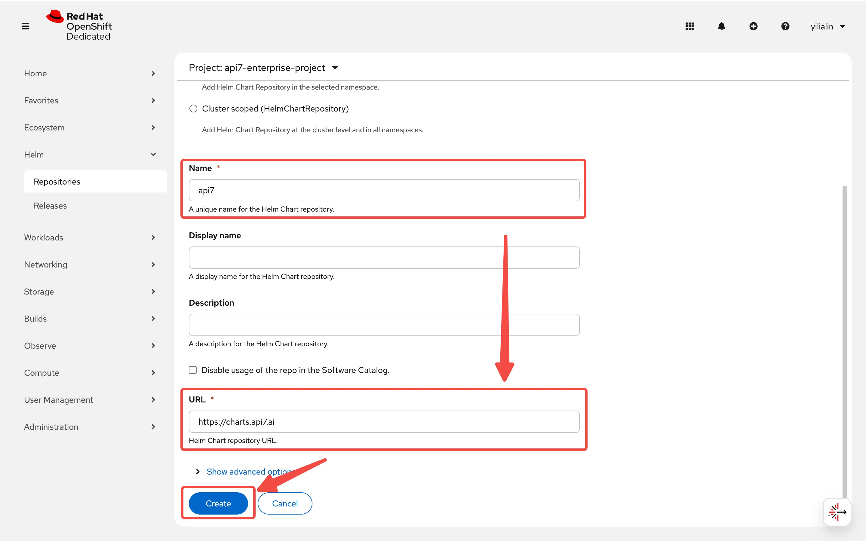 Fill in the details of the Helm chart repository