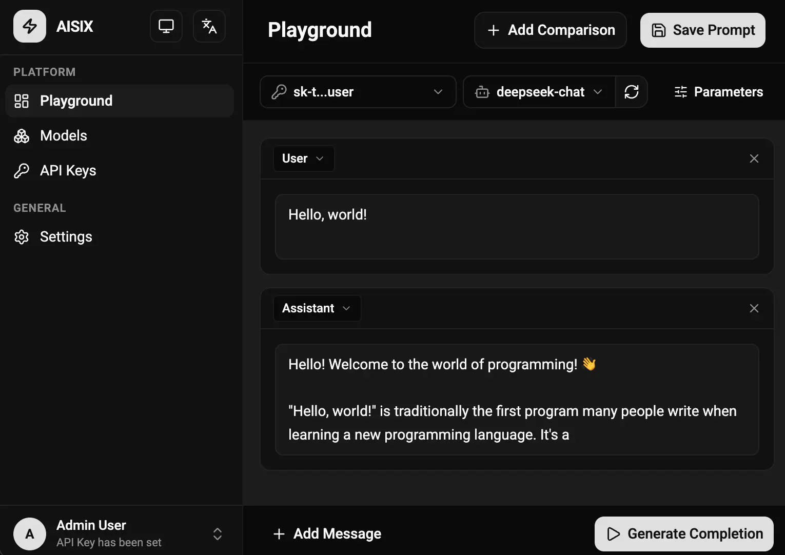 AISIX admin console and playground interface