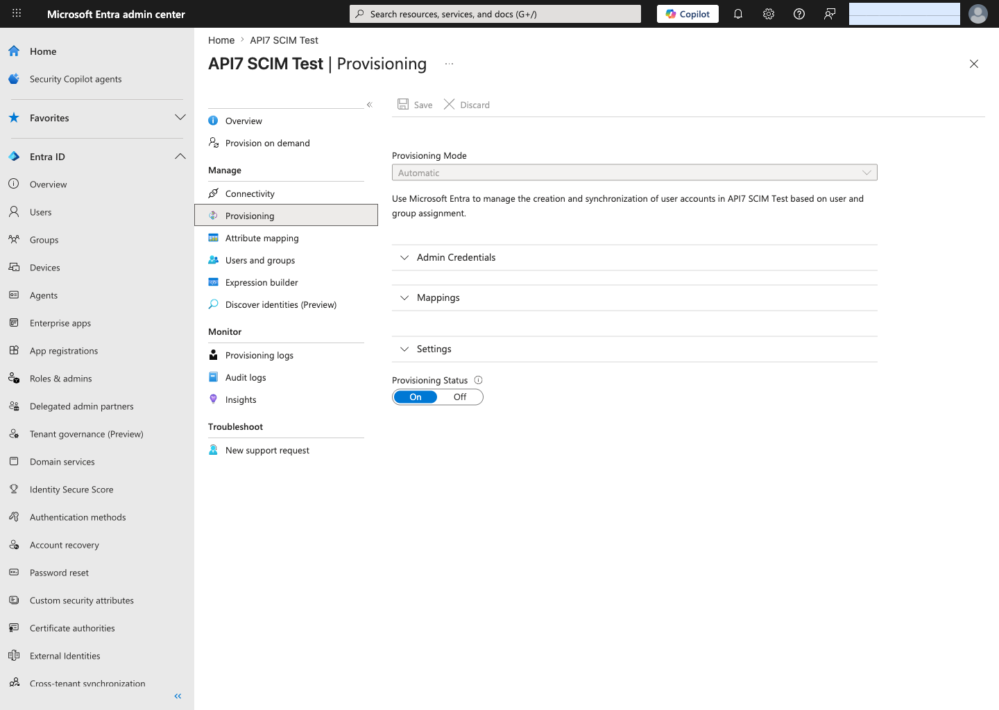Microsoft Entra provisioning page