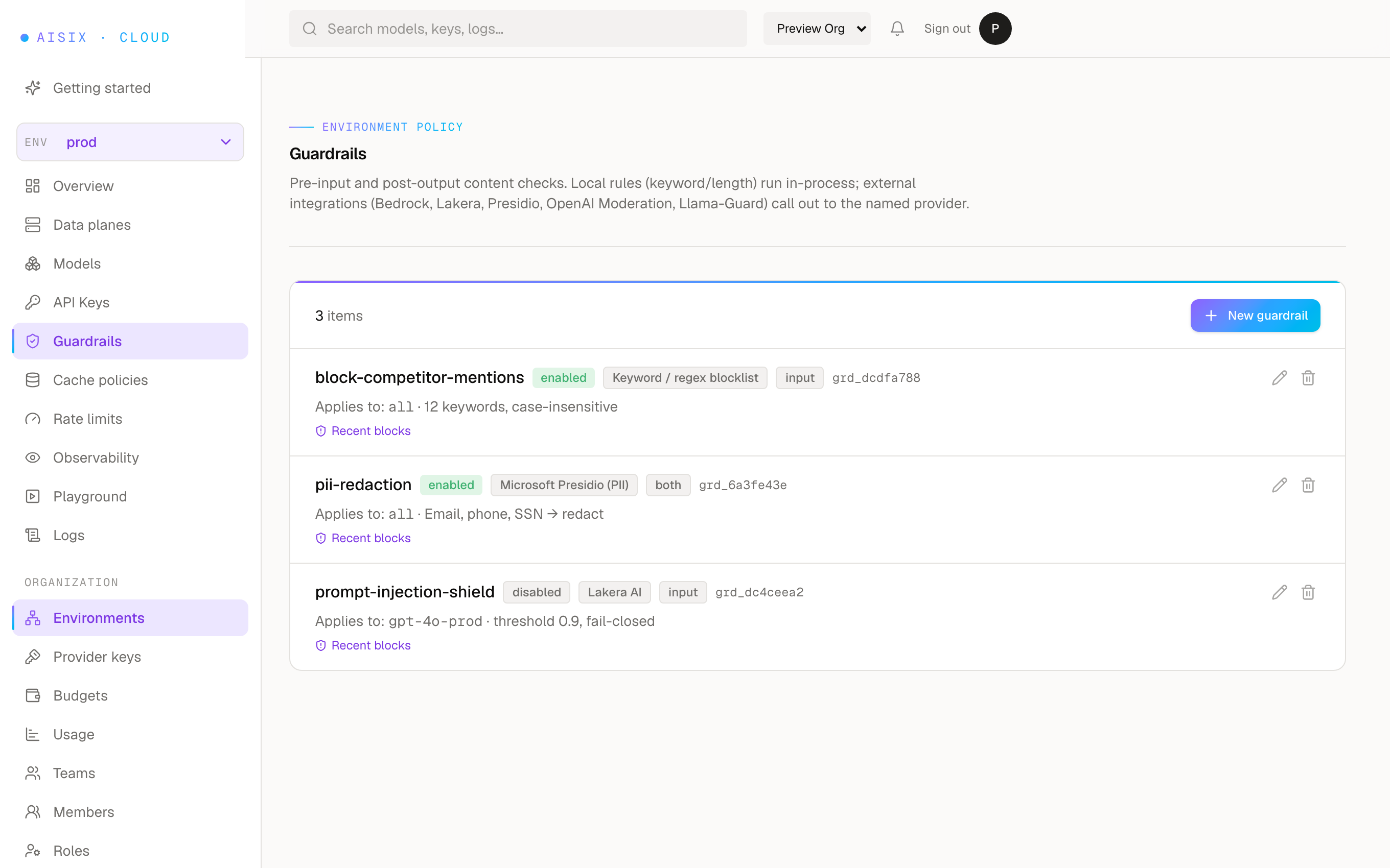 AISIX guardrails: competitor-mention blocklist, PII redaction, and a fail-closed prompt-injection shield, scoped to keys or models.