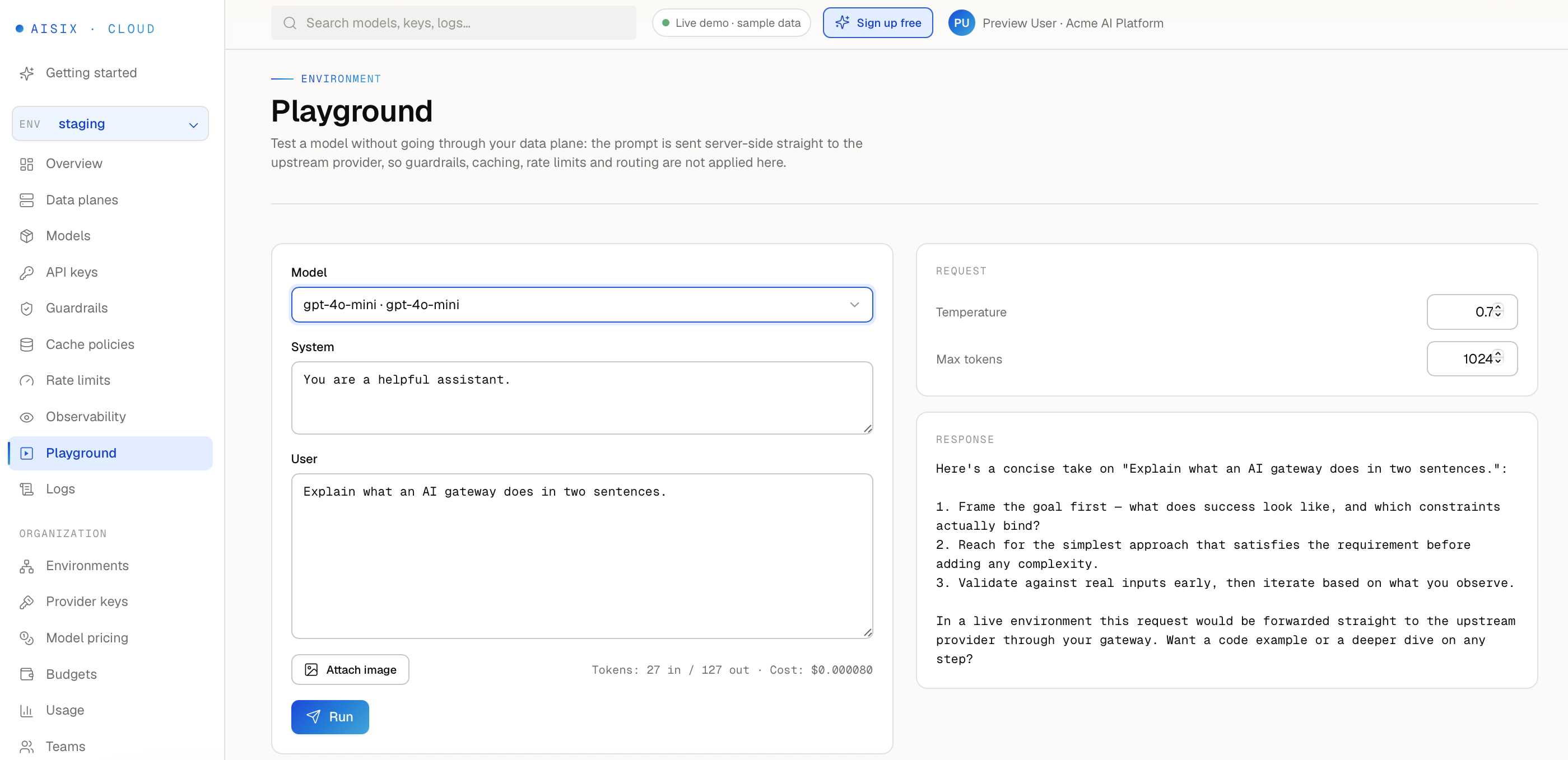 AISIX Cloud Playground showing a successful model test