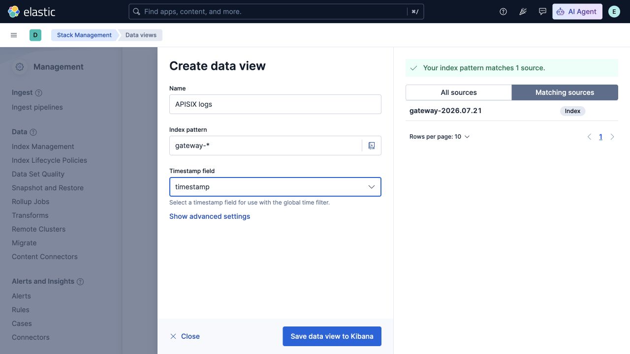 为 APISIX 网关索引配置的 Kibana 数据视图表单