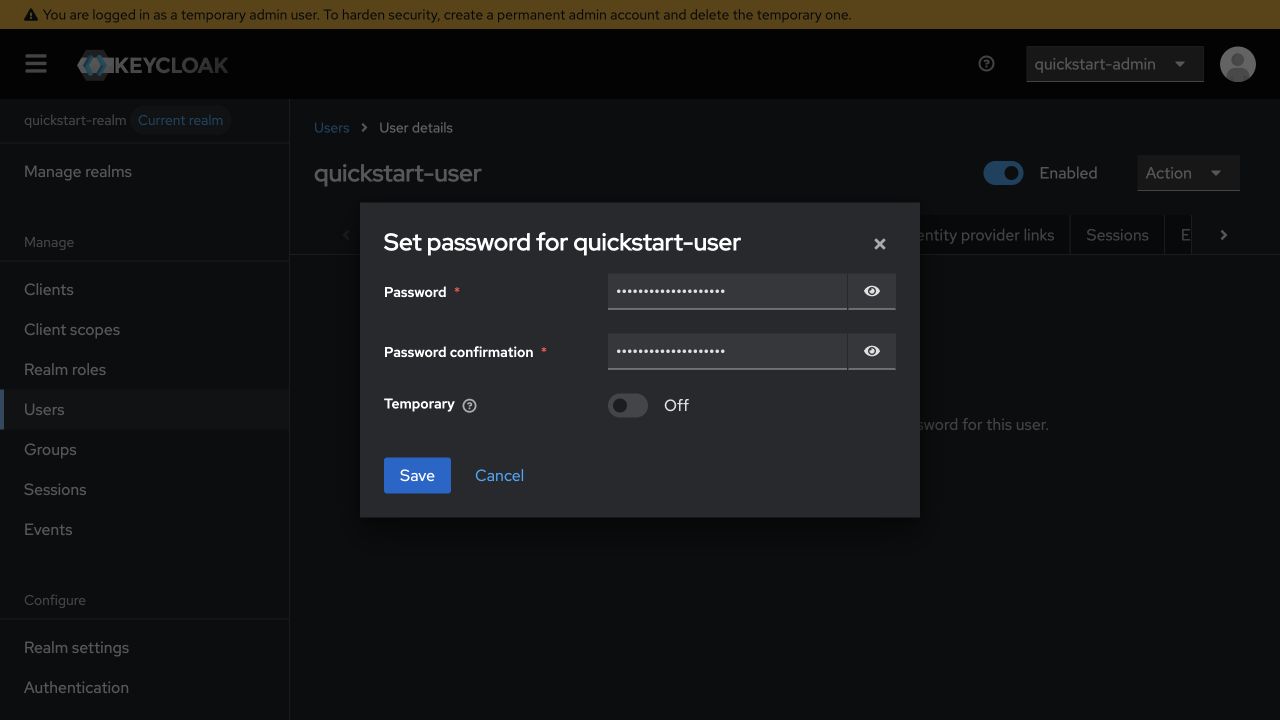 Set a permanent user password in Keycloak 26.7.1