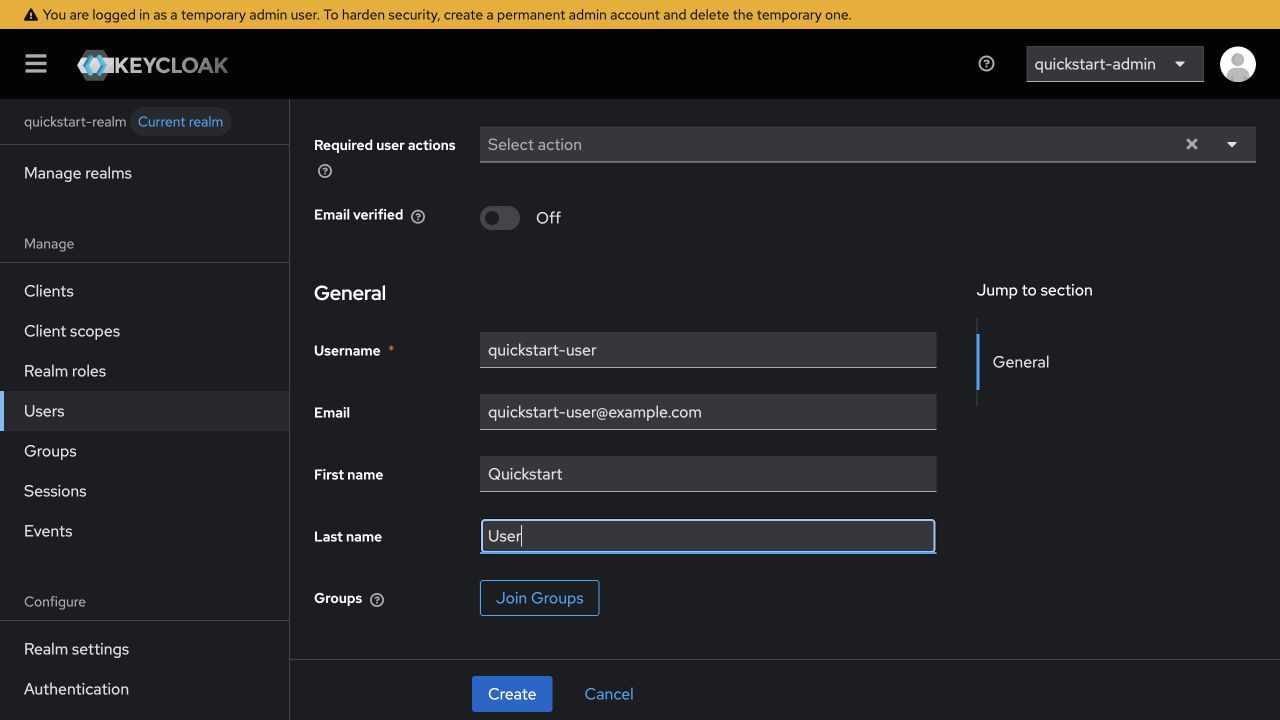 Create a complete user profile in Keycloak 26.7.1