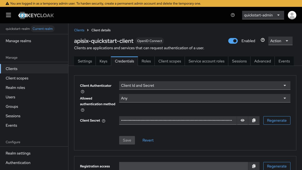 Copy the client secret in Keycloak 26.7.1