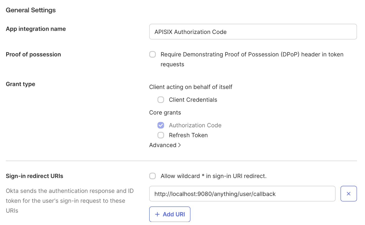 Configure the Okta web app with Authorization Code and the APISIX callback URI