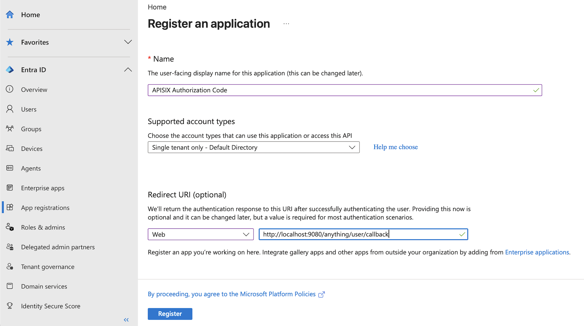 使用 APISIX 回调 URI 注册 Microsoft Entra 应用