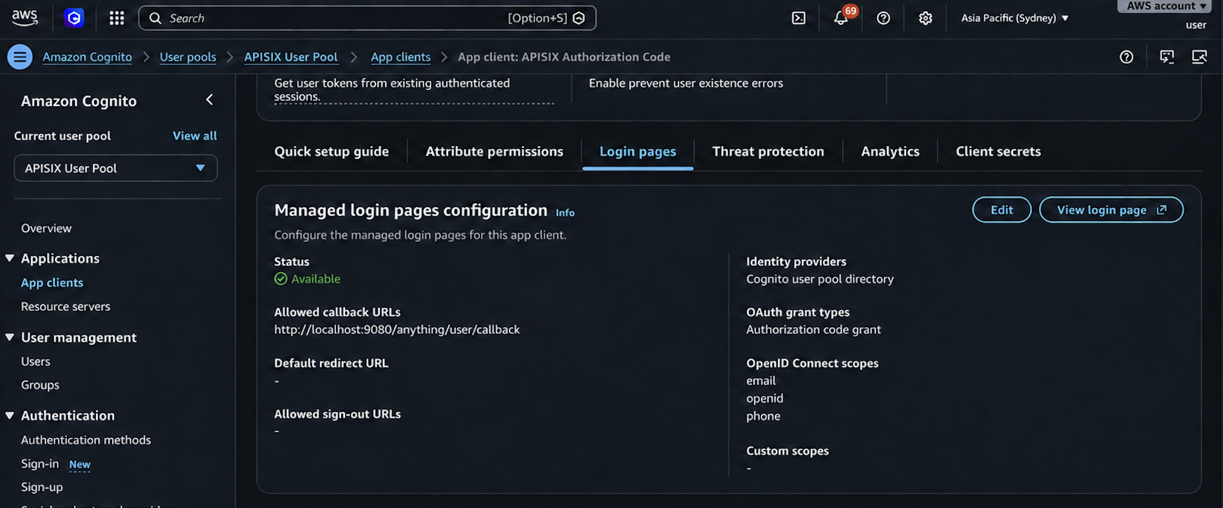为 APISIX 配置 Cognito 授权码应用客户端