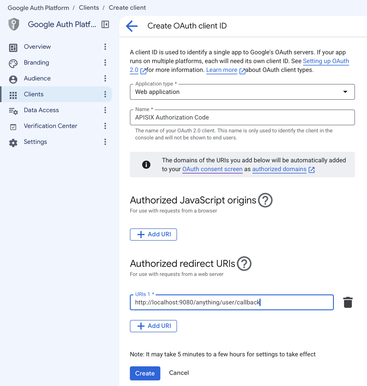 创建包含 APISIX 重定向 URI 的 Google OAuth Web 客户端