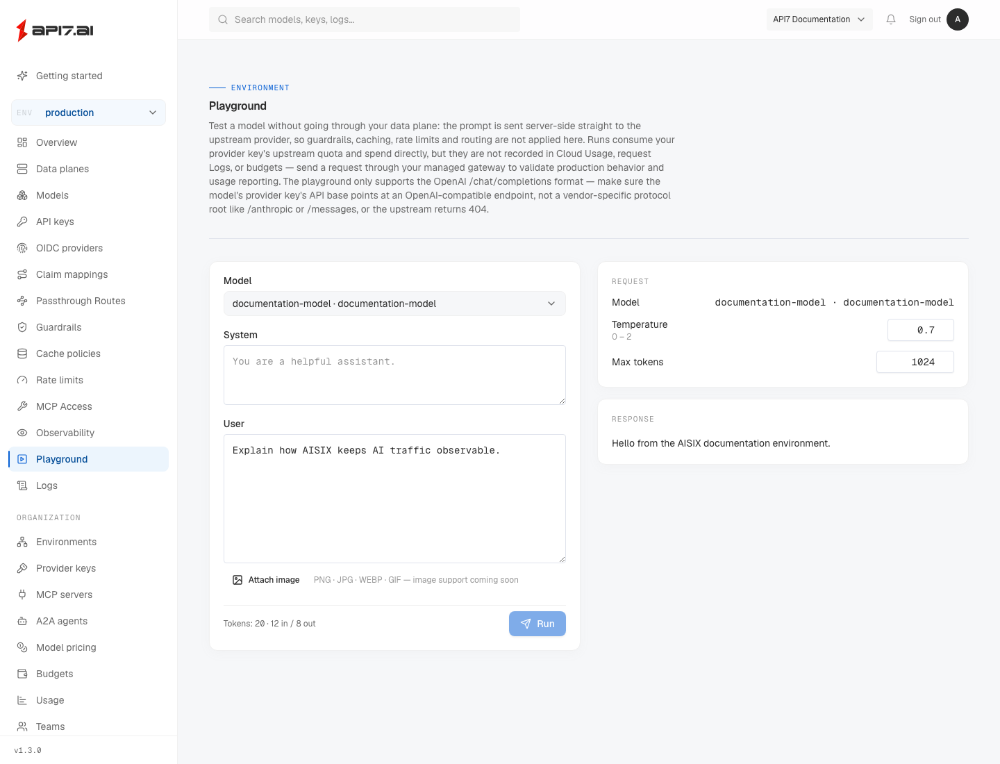 AISIX Cloud Playground showing a successful model test