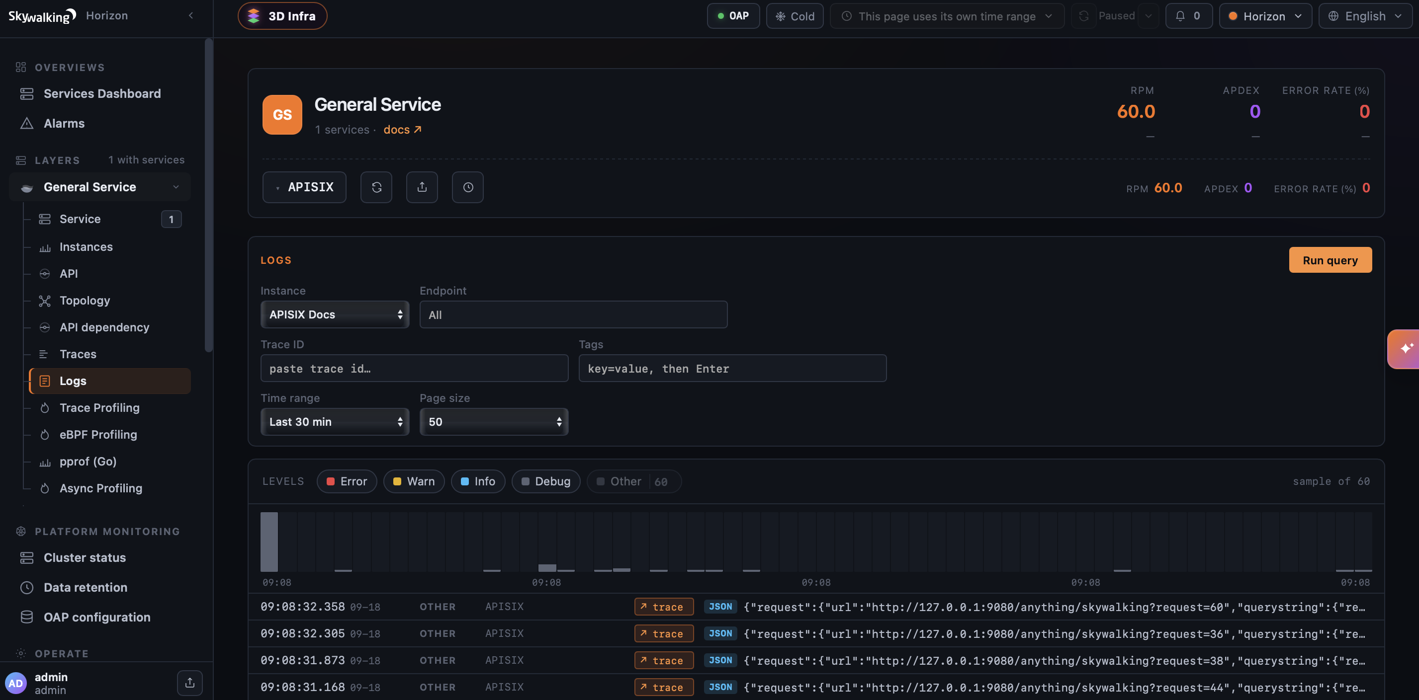 Horizon showing APISIX request logs linked to their traces