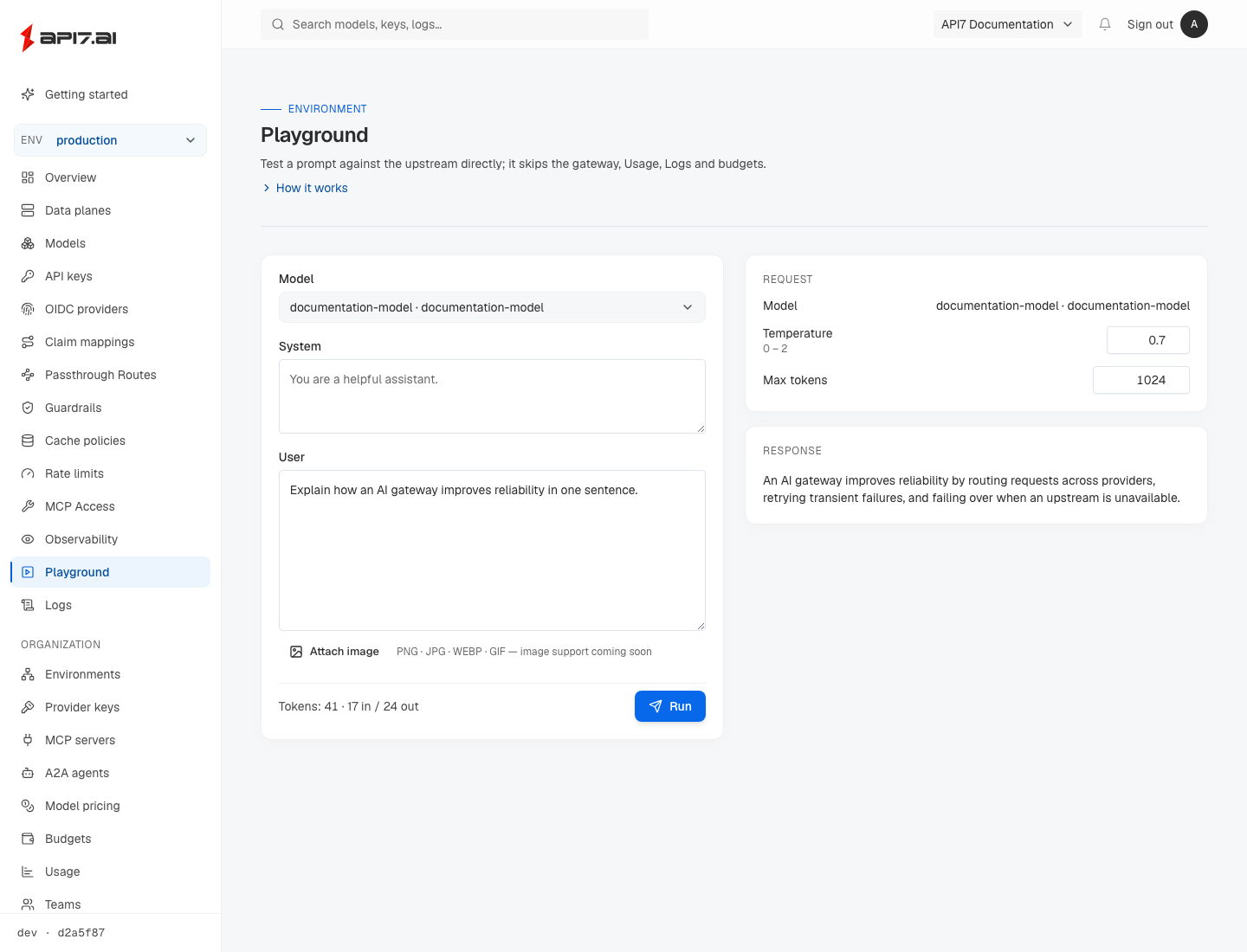 AISIX Cloud Playground showing a successful model test