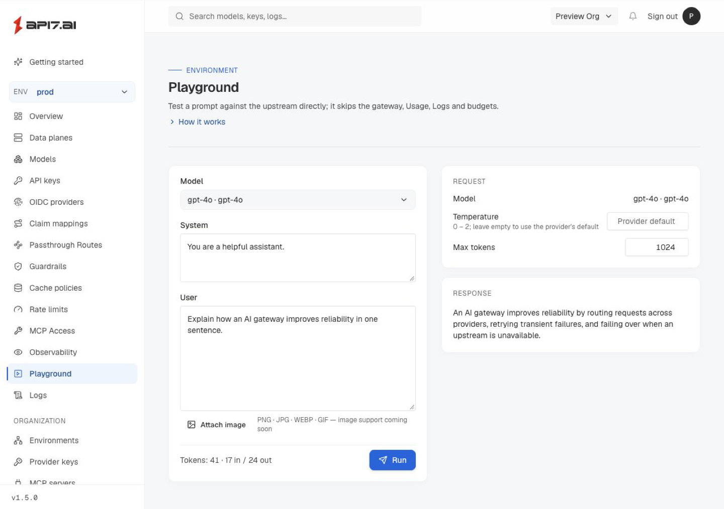 AISIX Cloud Playground showing a successful model test